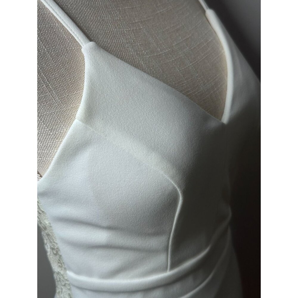 White Spaghetti Strap Lace Back Midi Dress Gold Zipper Formal Wedding Homecoming - Picture 4 of 16